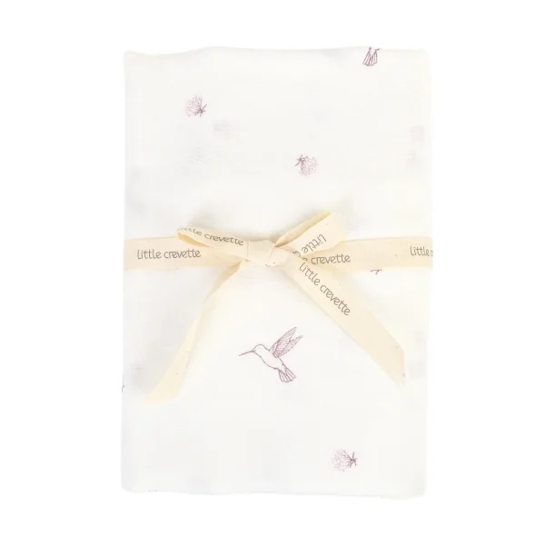 Maxi-lange bébé 120x120 cm en double-gaze imprimé colibris parme et fleurs