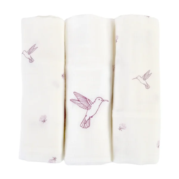 lot de 3 langes en gaze de coton motif colibri