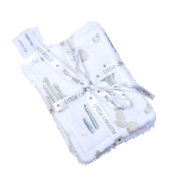 lingettes bébé en tissu lavable et réutilisable gaze de coton et éponge motif cactus verts coton bio et oekotex