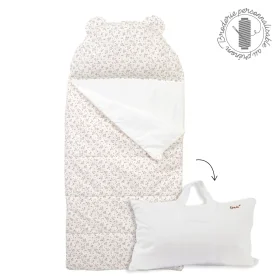 sac de couchage enfant 3-6 ans avec oreiller intégré personnalisable au prénom motif fleurs roses et caramel