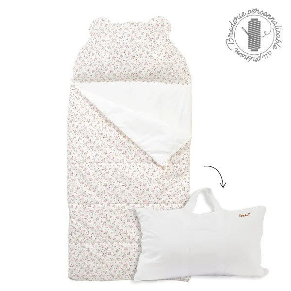 sac de couchage enfant 3-6 ans avec oreiller intégré personnalisable au prénom motif fleurs roses et caramel