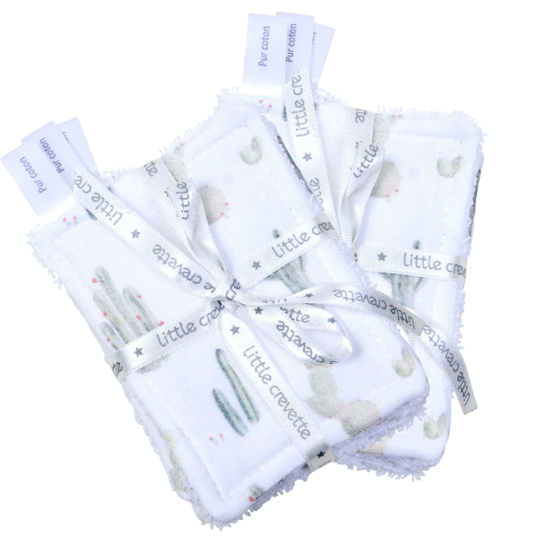 lingettes bébé en tissu lavable et réutilisable gaze de coton et éponge motif cactus verts coton bio et oekotex