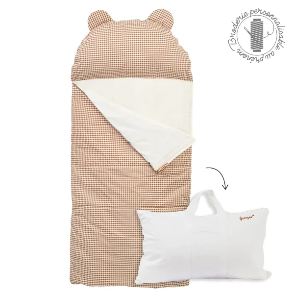 sac de couchage enfant maternelle coton bio avec oreiller intégré et sac de transport motif vichy caramel