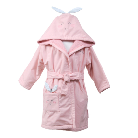 Peignoir à capuche enfant fille broderie visage pomme rose avec feuilles vertes sur la capuche en coton bio oekotex