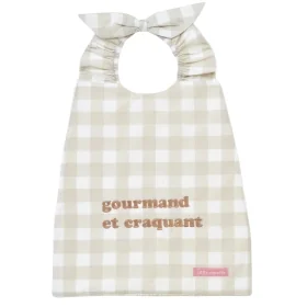Serviette bavoir élastiqué vichy beige mixte fille garçon brodé gourmand et craquant en coton doublé éponge oekotex