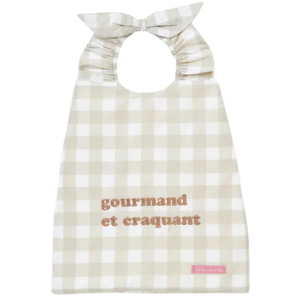 Serviette bavoir élastiqué vichy beige mixte fille garçon brodé gourmand et craquant en coton doublé éponge oekotex