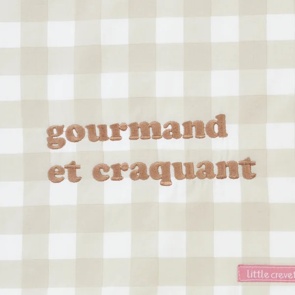 Serviette bavoir élastiqué vichy beige mixte fille garçon brodé gourmand et craquant en coton doublé éponge oekotex