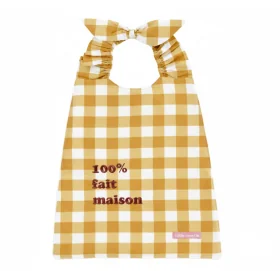 Serviette bavoir élastiqué vichy ocre mixte fille garçon brodé 100% fait maison en coton doublé éponge oekotex