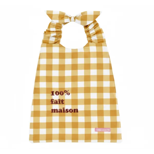 Serviette bavoir élastiqué vichy ocre mixte fille garçon brodé 100% fait maison en coton doublé éponge oekotex