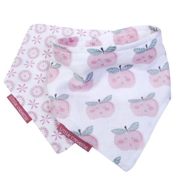 lot de 2 Bavoirs bandana bébé fille blanc motif pomme rose et fleurs fermeture pressions en coton bio oekotex