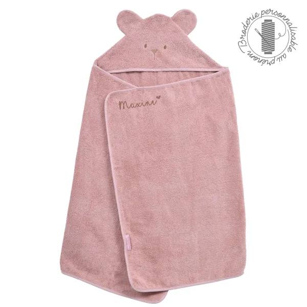 cape de bain bébé rectangulaire à oreilles ourson bois de rose coton bio oeko-tex personnalisé au prénom
