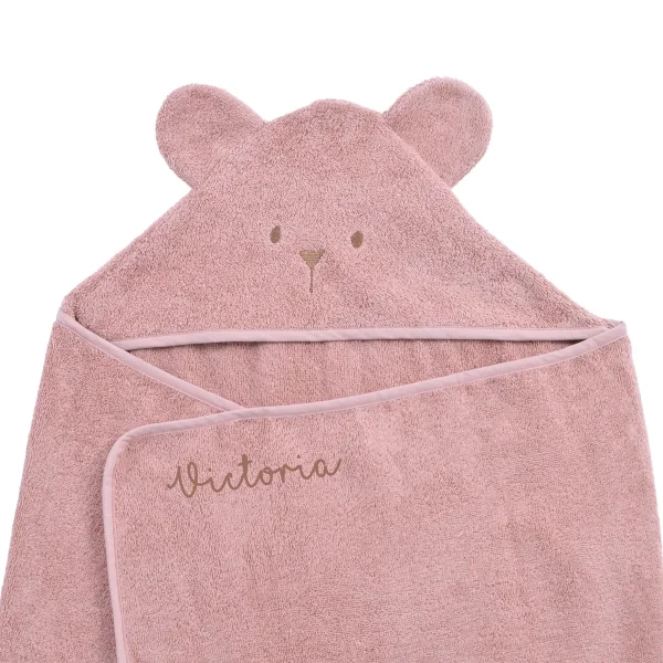 cape de bain bébé rectangulaire à oreilles ourson bois de rose coton bio oeko-tex personnalisé au prénom