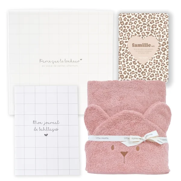 Coffret cape de bain bébé ourson bois de rose en coton bio oekotex