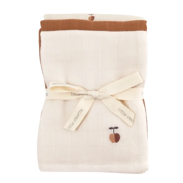 lot de 3 langes bébé sable brodé pommes, imprimé pommes et uni caramel en coton bio oekotex