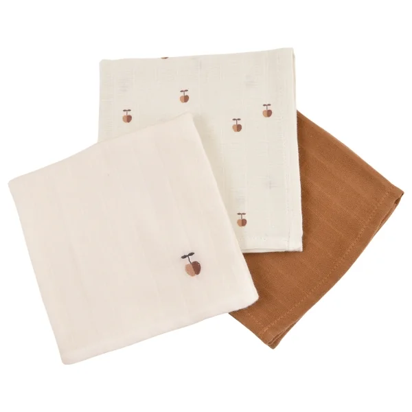 lot de 3 langes bébé sable brodé pommes, imprimé pommes et uni caramel en coton bio oekotex