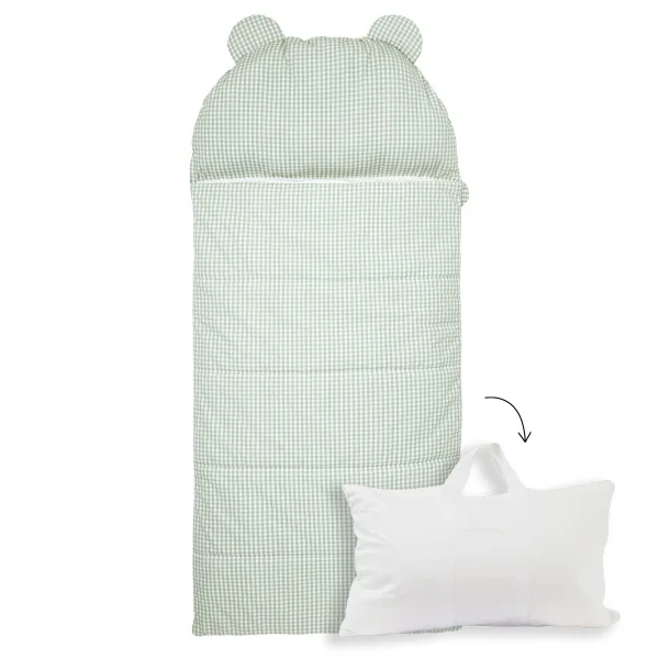 sac de couchage enfant avec oreiller intégré motif vichy vert sauge