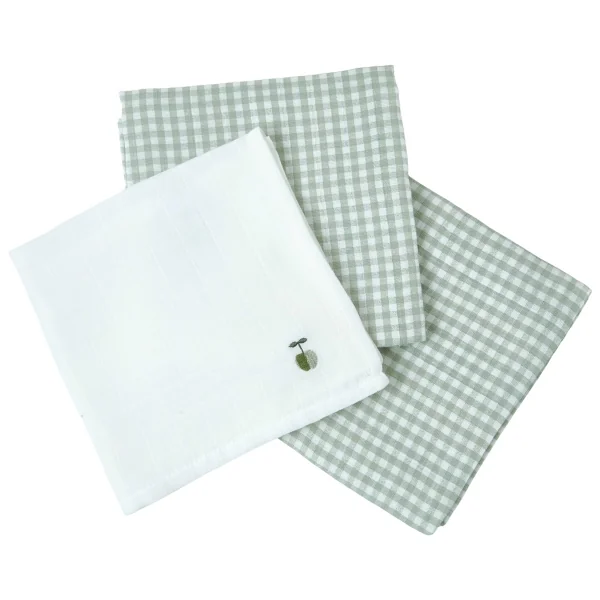 lot de 3 langes en coton bio vichy vert et petite pomme verte Olive