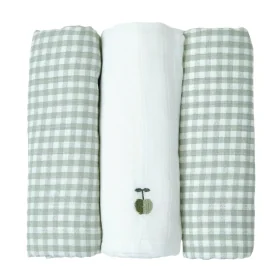 lot de 3 langes en coton bio vichy vert et petite pomme verte Olive