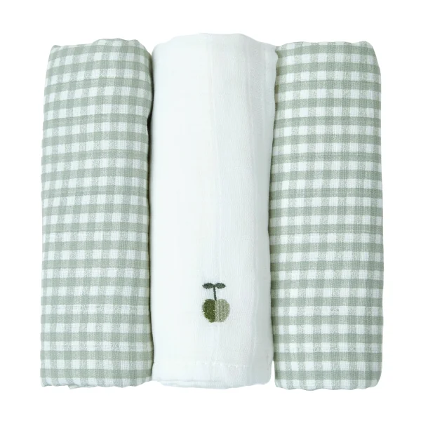 lot de 3 langes en coton bio vichy vert et petite pomme verte Olive