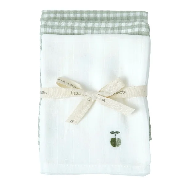 lot de 3 langes en coton bio vichy vert et petite pomme verte Olive