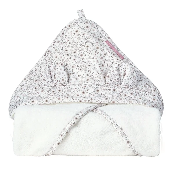 cape de bain bébé écrue avec capuche à oreilles motif fleuri beige et rose