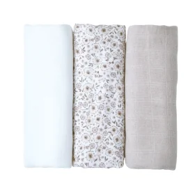 lot de 3 langes en coton bio unis écru beige et imprimé à fleurs Lilly