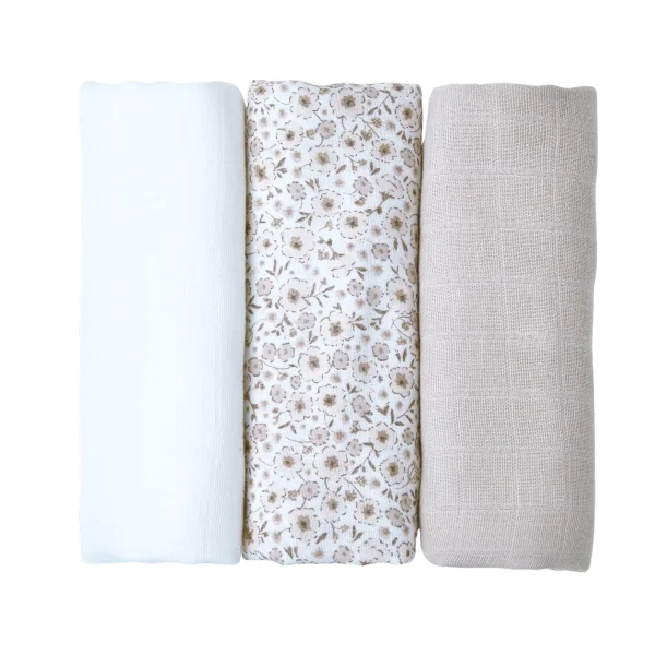 lot de 3 langes en coton bio unis écru beige et imprimé à fleurs Lilly