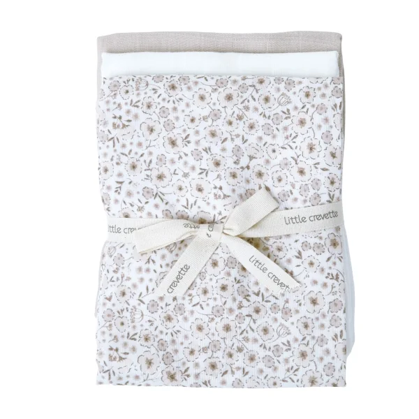 lot de 3 langes en coton bio unis écru beige et imprimé à fleurs Lilly