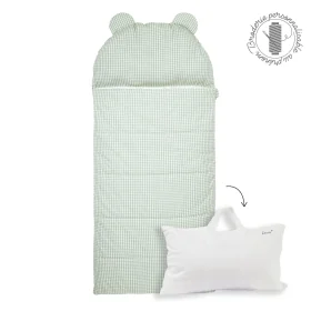 sac de couchage enfant avec oreiller intégré motif vichy vert sauge personnalisé au prénom