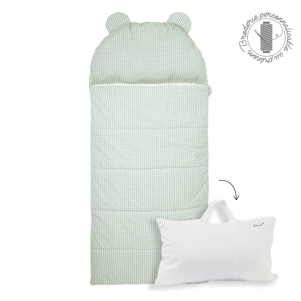 sac de couchage enfant avec oreiller intégré motif vichy vert sauge personnalisé au prénom