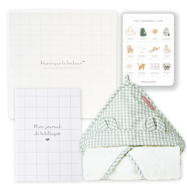 Coffret cape de bain bébé en coton bio oekotex vichy vert sauge Olive