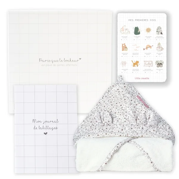 Coffret cape de bain bébé en coton bio oekotex fleurs Lilly