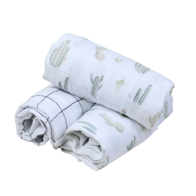 Lot de 3 langes bébé mixte fille garçon blanc motif cactus en coton bio oekotex