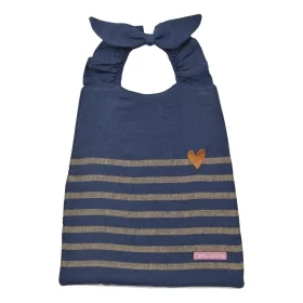 Serviette bavoir élastiqué mixte fille garçon motif marinière bleu marine brodé cœur en lin doublé éponge oekotex