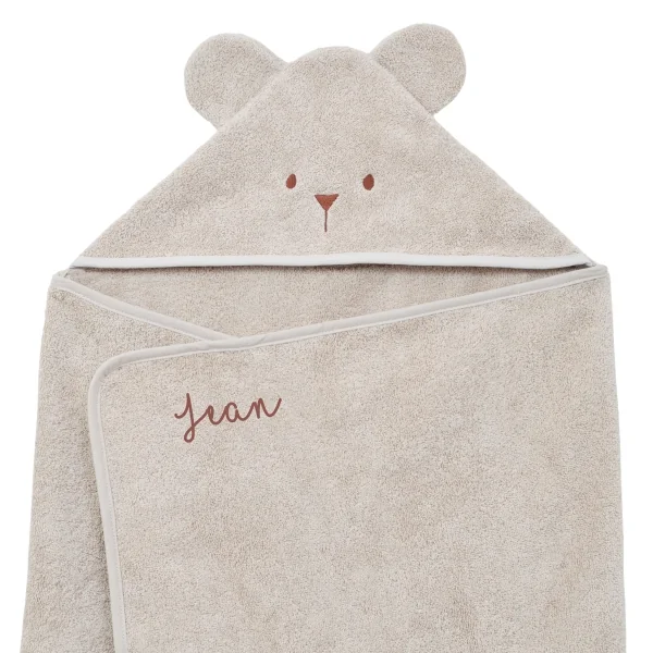 cape de bain bébé rectangulaire à oreilles ourson beige coton bio oeko-tex personnalisée au prénom