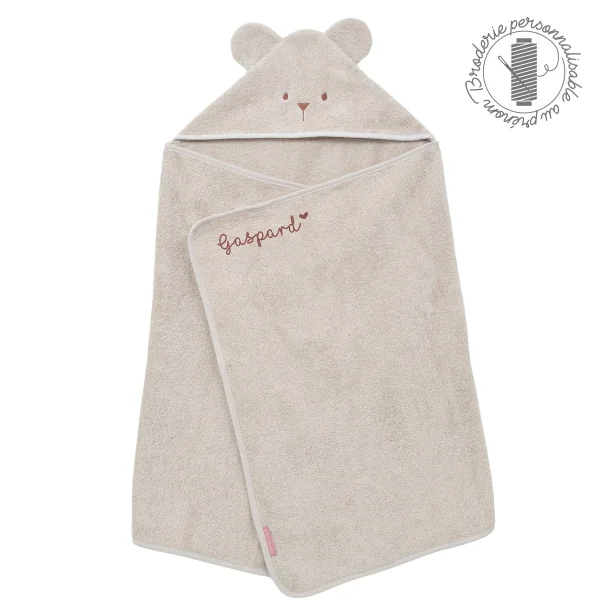 cape de bain bébé rectangulaire à oreilles ourson beige coton bio oeko-tex personnalisée au prénom