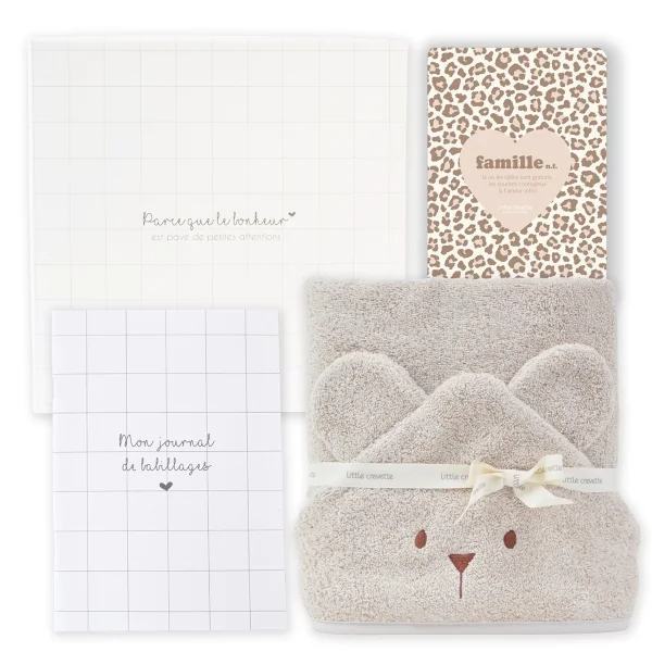 Coffret cape de bain bébé ourson beige en coton bio oekotex