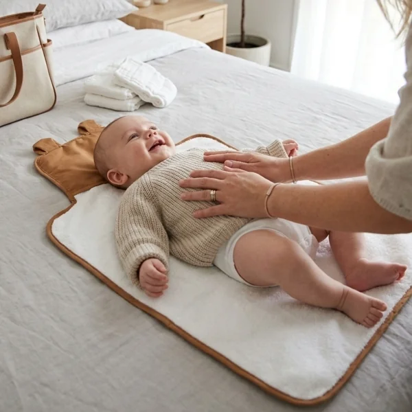 tapis à langer nomade imperméable ourson caramel en coton bio et pvc fermeture facile élastique