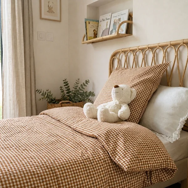 parure housse de couette et taie d'oreiller enfant en vichy caramel coton bio