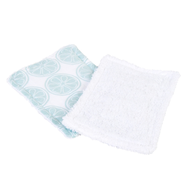 lingettes bébé en tissu lavables et réutilisables gaze de coton et éponge bleues motif citrons coton bio et oekotex
