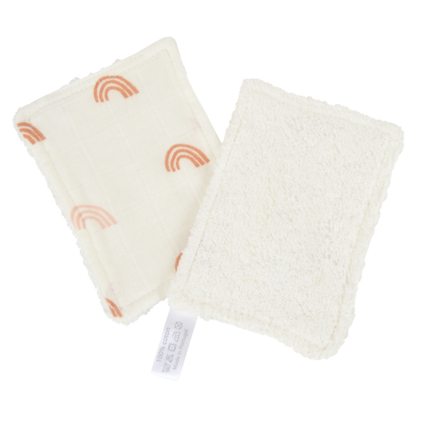 lingettes bébé en tissu lavables et réutilisables gaze de coton et éponge écru motif arc-en-ciel coton bio et oekotex