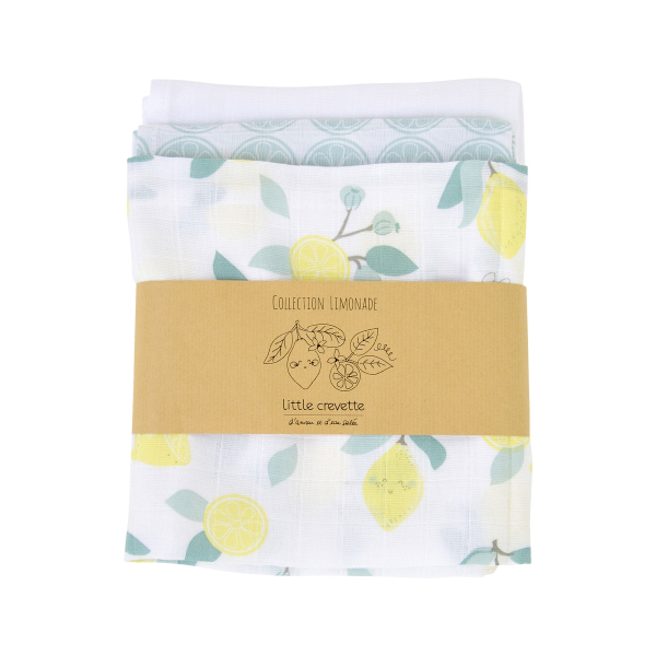 lot de 3 langes bébé mixte garçon fille blanc motif citrons jaune et bleu en coton bio oekotex