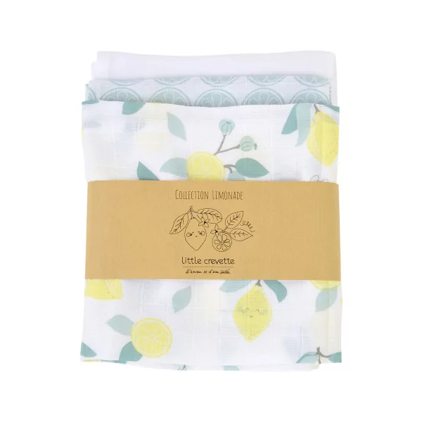 lot de 3 langes bébé mixte garçon fille blanc motif citrons jaune et bleu en coton bio oekotex