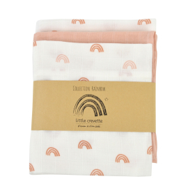 lot de 3 langes bébé fille blanc motif arc-en-ciel rose en coton bio oekotex