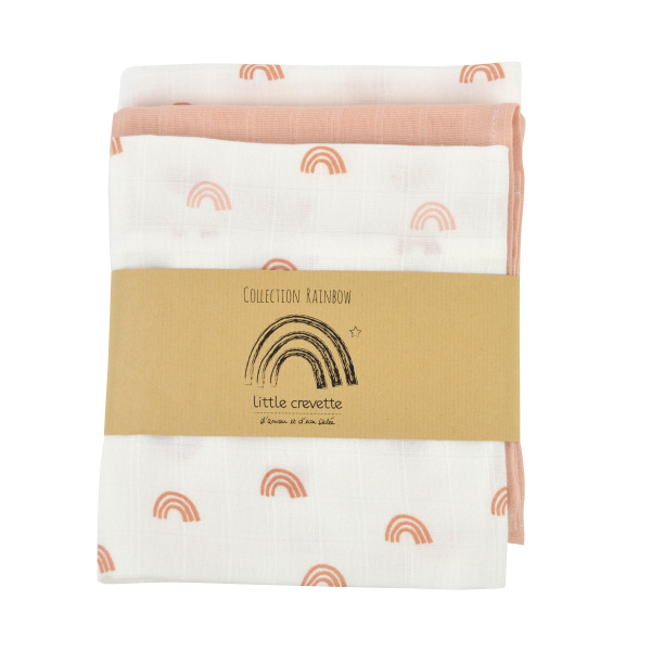 lot de 3 langes bébé fille blanc motif arc-en-ciel rose en coton bio oekotex