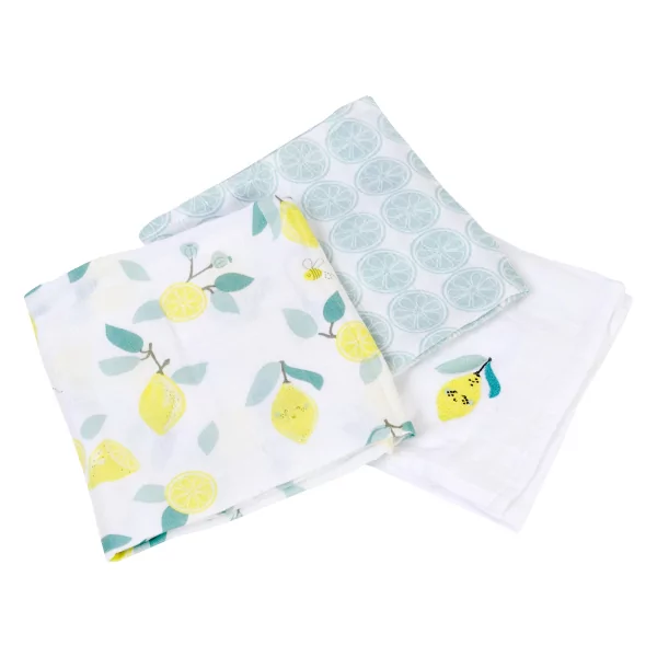 lot de 3 langes bébé mixte garçon fille blanc motif citrons jaune et bleu en coton bio oekotex