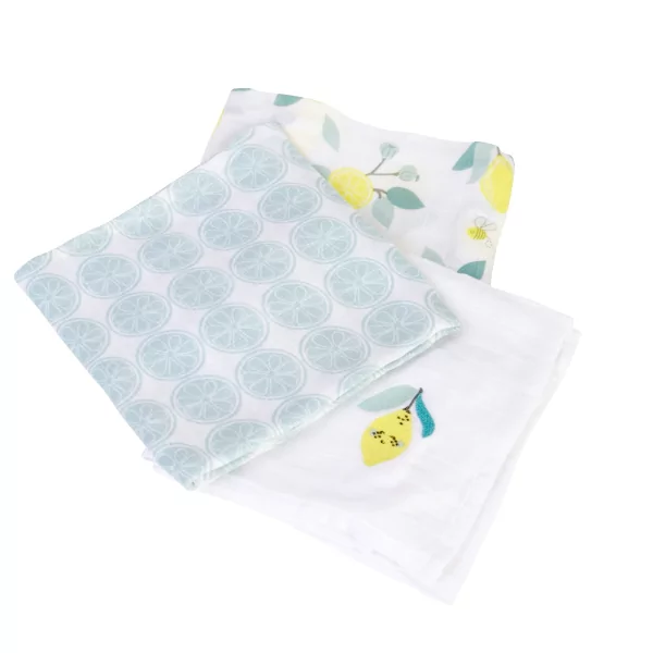 lot de 3 langes bébé mixte garçon fille blanc motif citrons jaune et bleu en coton bio oekotex