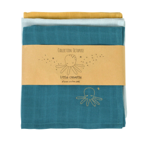 lot de 3 langes bébé mixte garçon fille bleu canard et jaune moutarde motif pieuvre broderie en coton bio oekotex