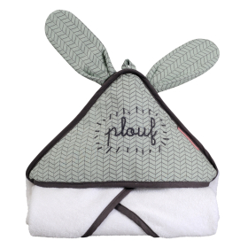 Sortie de bain mixte fille garçon grise Plouf avec oreilles de lapin en coton bio oekotex