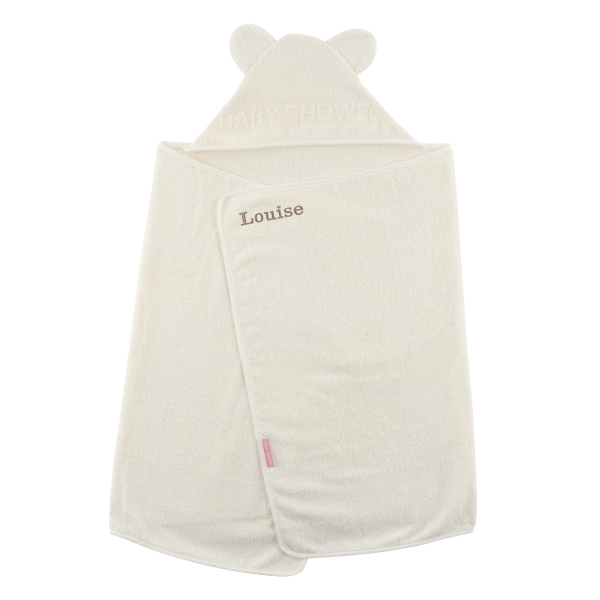 Cape de bain bébé mixte garçon fille écrue oreilles à personnaliser prénom avec broderie coton bio oekotex